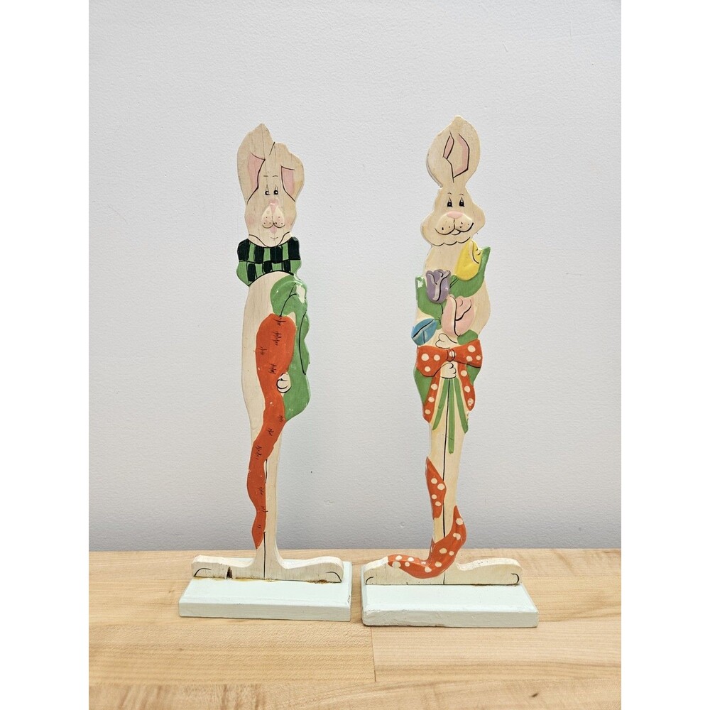 Set of 2 VINTAGE Easter Bunny Carved Wooden Hand Painted Long Tall Narrow Figure